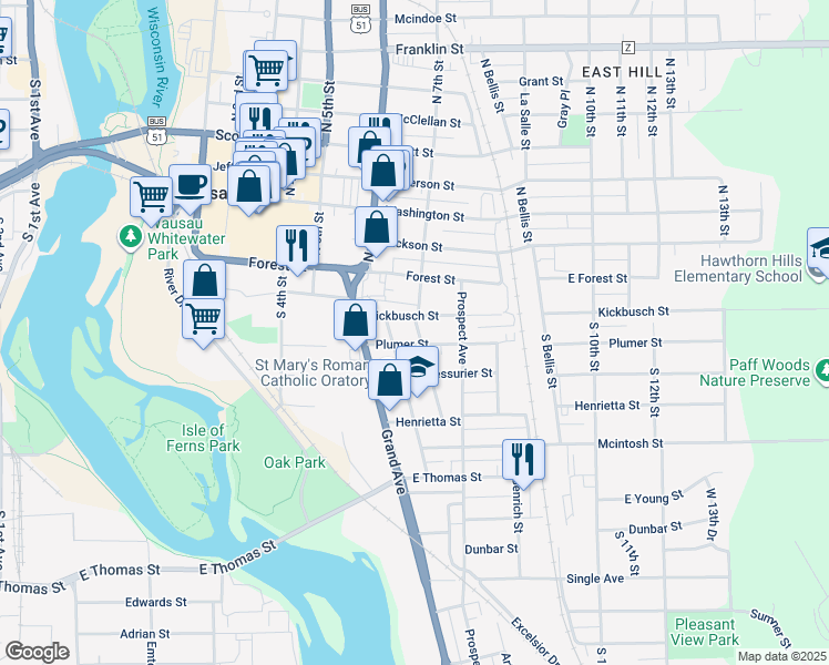 map of restaurants, bars, coffee shops, grocery stores, and more near 212 Frenzel Street in Wausau