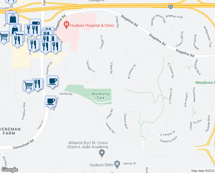 map of restaurants, bars, coffee shops, grocery stores, and more near 644 O'Neil Road in Hudson