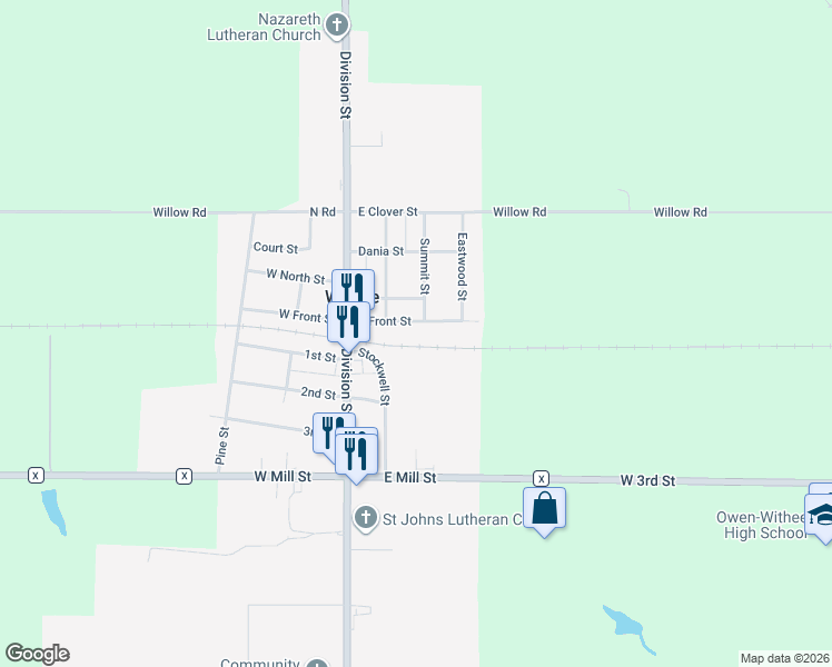 map of restaurants, bars, coffee shops, grocery stores, and more near 706 East Front Street in Withee