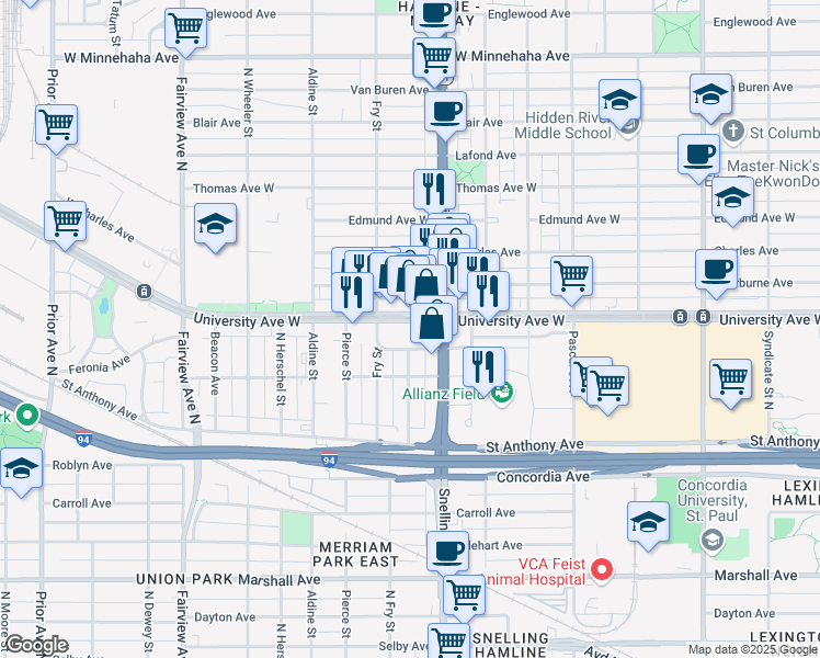 map of restaurants, bars, coffee shops, grocery stores, and more near 1600 University Avenue West in Saint Paul