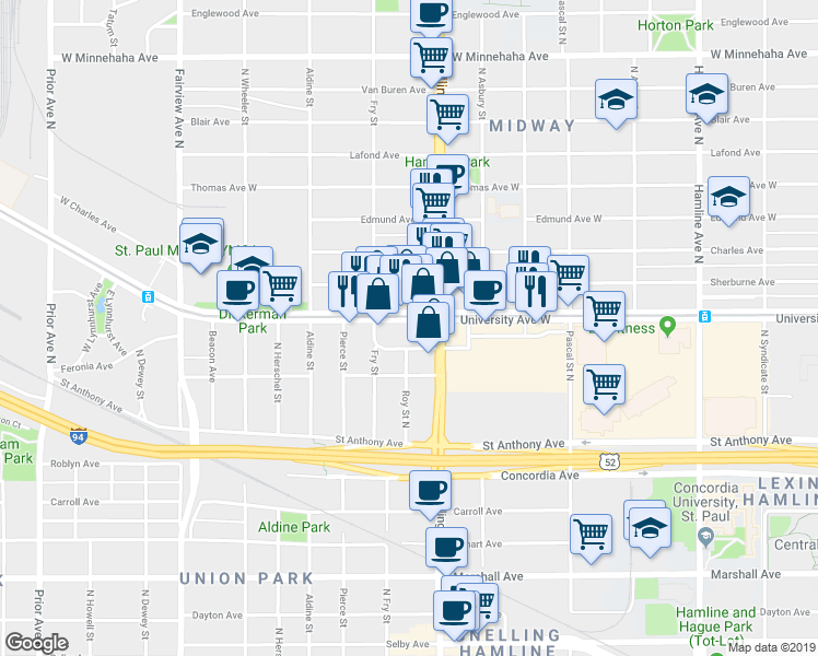 map of restaurants, bars, coffee shops, grocery stores, and more near 1600 University Avenue West in Saint Paul