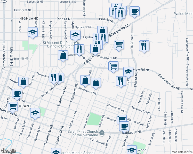 map of restaurants, bars, coffee shops, grocery stores, and more near 1981 Warner Street Northeast in Salem