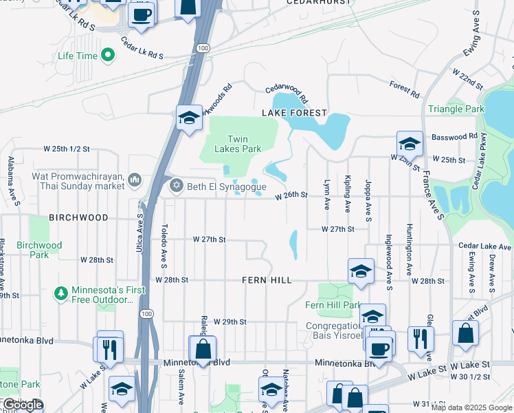 map of restaurants, bars, coffee shops, grocery stores, and more near 4801 West 26th Street in Minneapolis