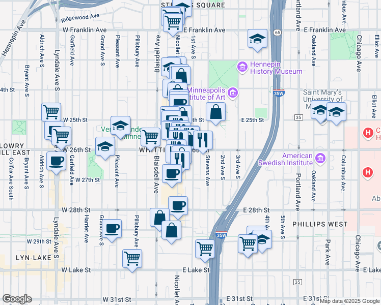 map of restaurants, bars, coffee shops, grocery stores, and more near in Minneapolis