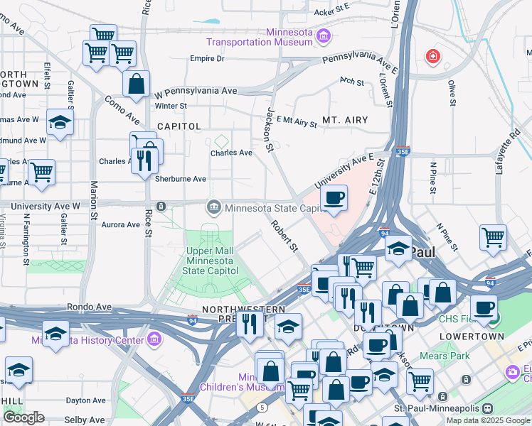 map of restaurants, bars, coffee shops, grocery stores, and more near in Saint Paul