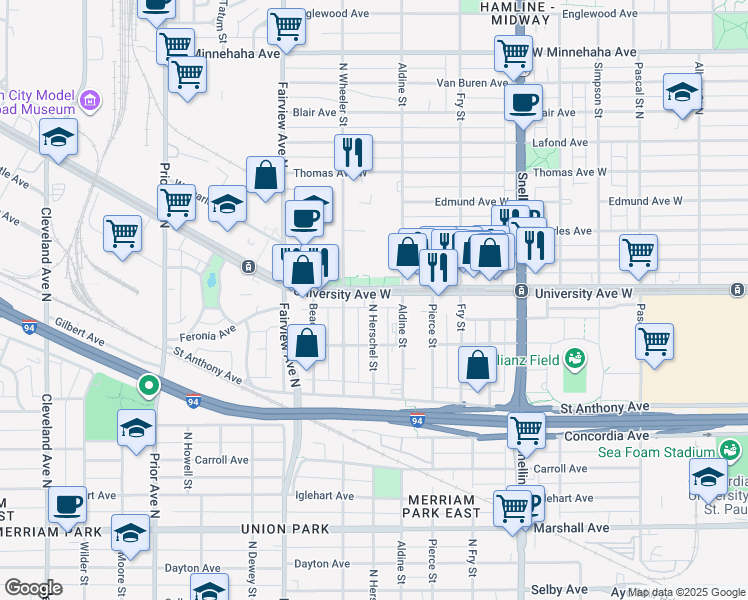 map of restaurants, bars, coffee shops, grocery stores, and more near 476 Herschel St in St Paul