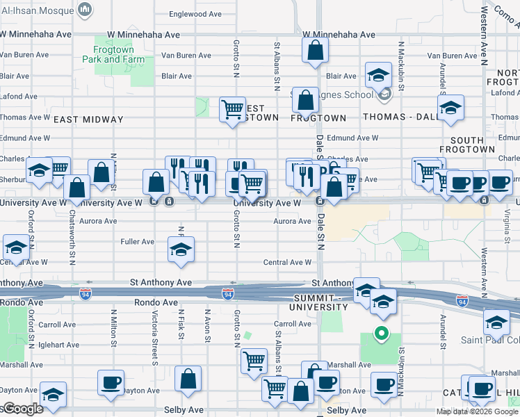map of restaurants, bars, coffee shops, grocery stores, and more near 719 Aurora Avenue in Saint Paul