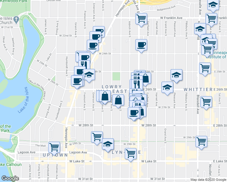 map of restaurants, bars, coffee shops, grocery stores, and more near 2618 Bryant Avenue South in Minneapolis