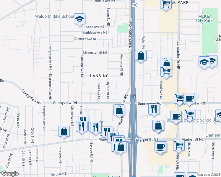 map of restaurants, bars, coffee shops, grocery stores, and more near 3295 Brenna Avenue Northeast in Salem