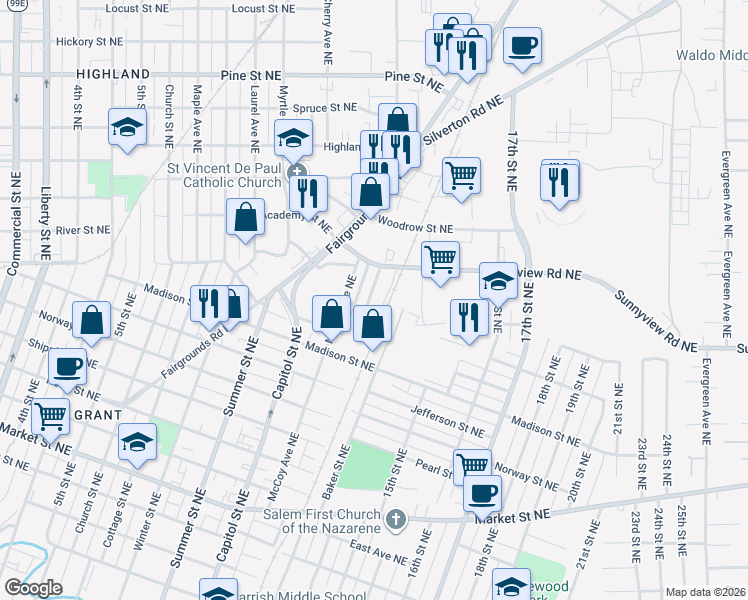 map of restaurants, bars, coffee shops, grocery stores, and more near 1981 Warner Street Northeast in Salem
