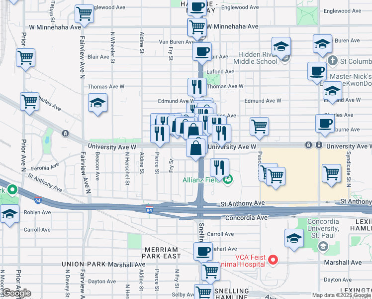 map of restaurants, bars, coffee shops, grocery stores, and more near in Saint Paul