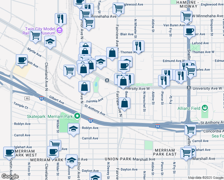map of restaurants, bars, coffee shops, grocery stores, and more near 1879 Feronia Avenue in Saint Paul