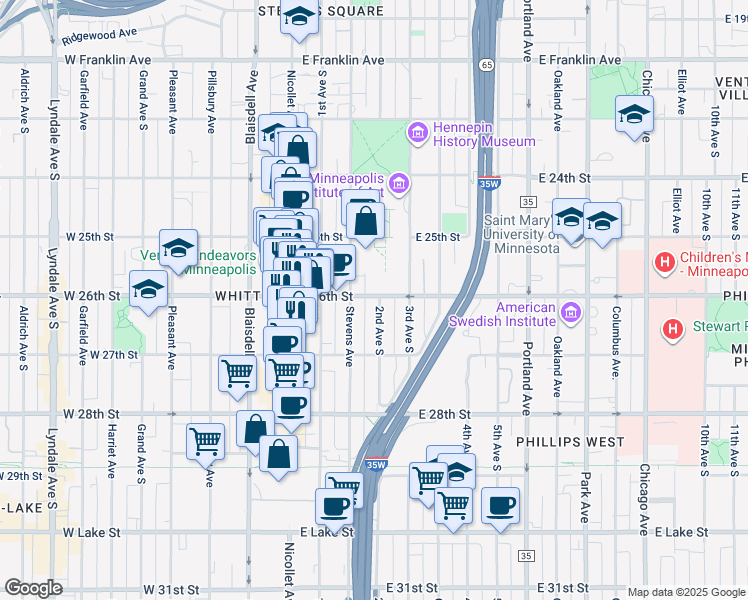 map of restaurants, bars, coffee shops, grocery stores, and more near 2612 2nd Avenue South in Minneapolis