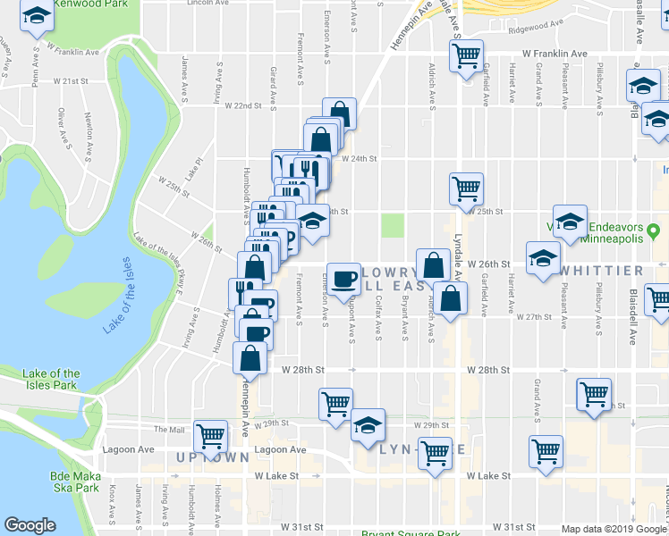 map of restaurants, bars, coffee shops, grocery stores, and more near 2615 Emerson Avenue South in Minneapolis