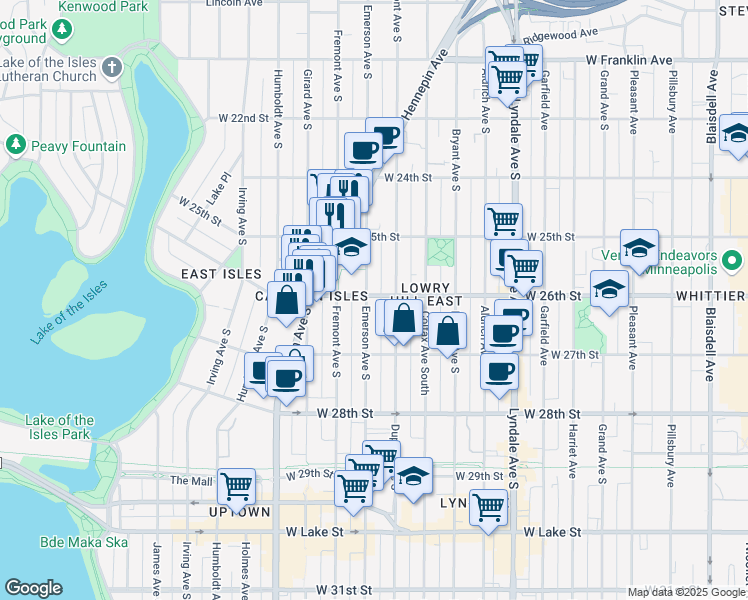 map of restaurants, bars, coffee shops, grocery stores, and more near 2615 Emerson Avenue South in Minneapolis