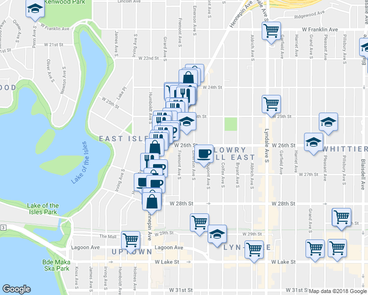 map of restaurants, bars, coffee shops, grocery stores, and more near in Minneapolis