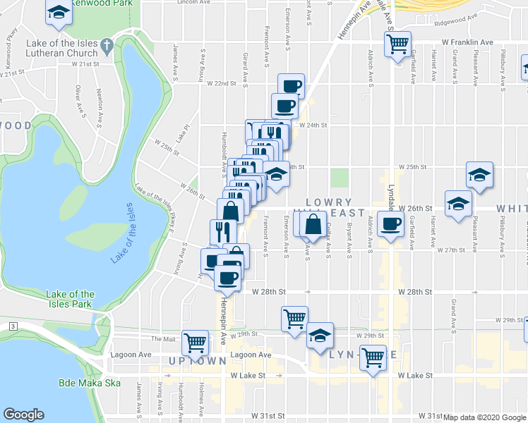 map of restaurants, bars, coffee shops, grocery stores, and more near in Minneapolis