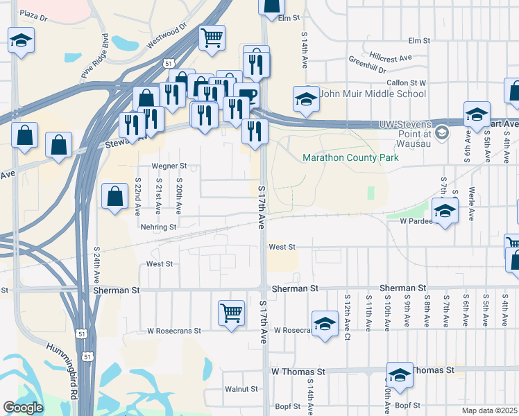 map of restaurants, bars, coffee shops, grocery stores, and more near 1707 West Pardee Street in Wausau