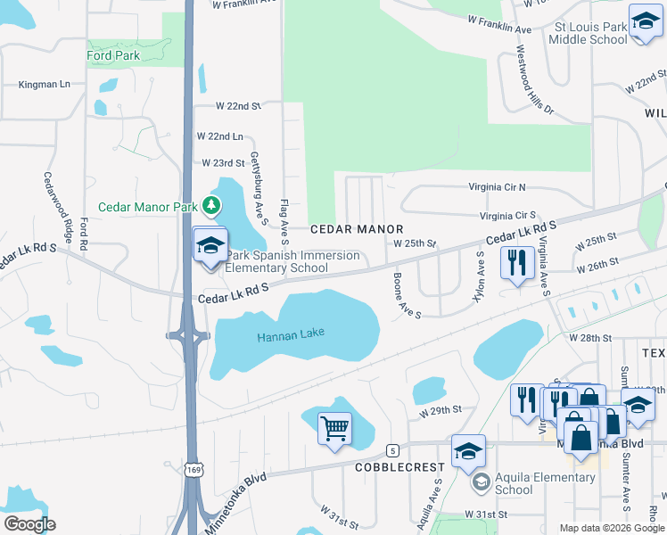 map of restaurants, bars, coffee shops, grocery stores, and more near 8914 Cedar Lake Road in St. Louis Park