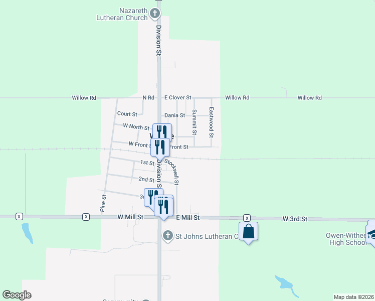 map of restaurants, bars, coffee shops, grocery stores, and more near 706 East Front Street in Withee