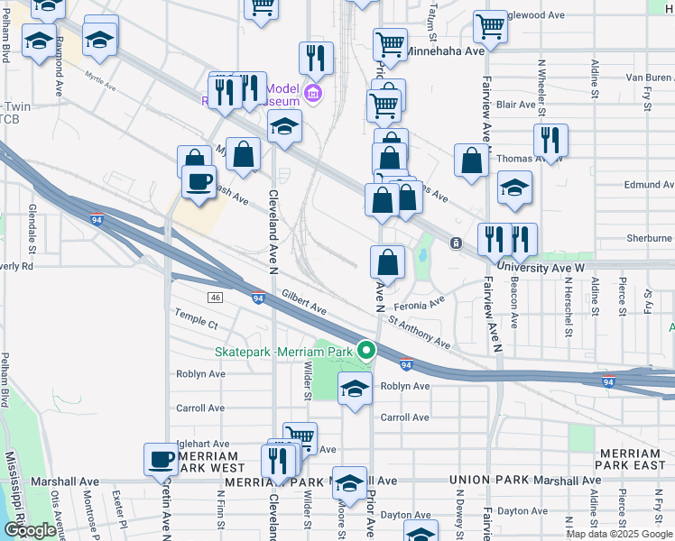 map of restaurants, bars, coffee shops, grocery stores, and more near 462 Wilder St in St Paul