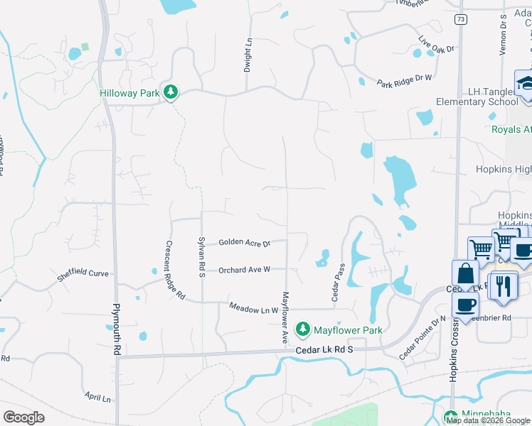 map of restaurants, bars, coffee shops, grocery stores, and more near 12015 Mayflower Circle in Hopkins