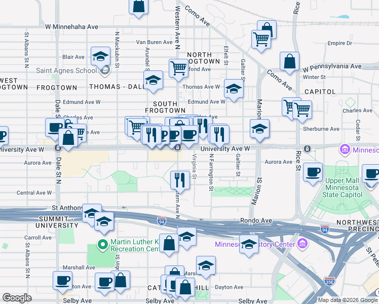map of restaurants, bars, coffee shops, grocery stores, and more near 470 Western Avenue North in Saint Paul
