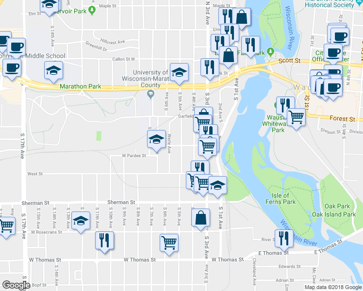 map of restaurants, bars, coffee shops, grocery stores, and more near 501 Porter Street in Wausau