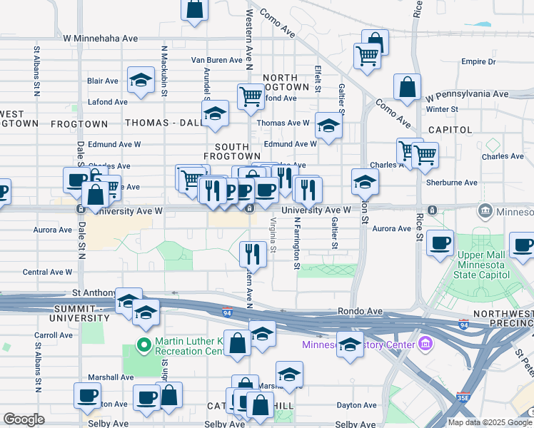 map of restaurants, bars, coffee shops, grocery stores, and more near 470 Western Avenue North in Saint Paul