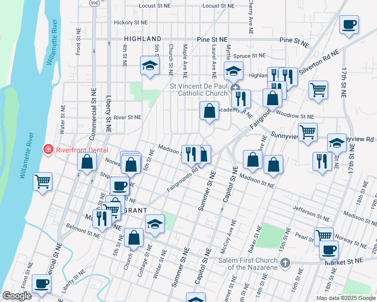 map of restaurants, bars, coffee shops, grocery stores, and more near 1815 Winter Street Northeast in Salem
