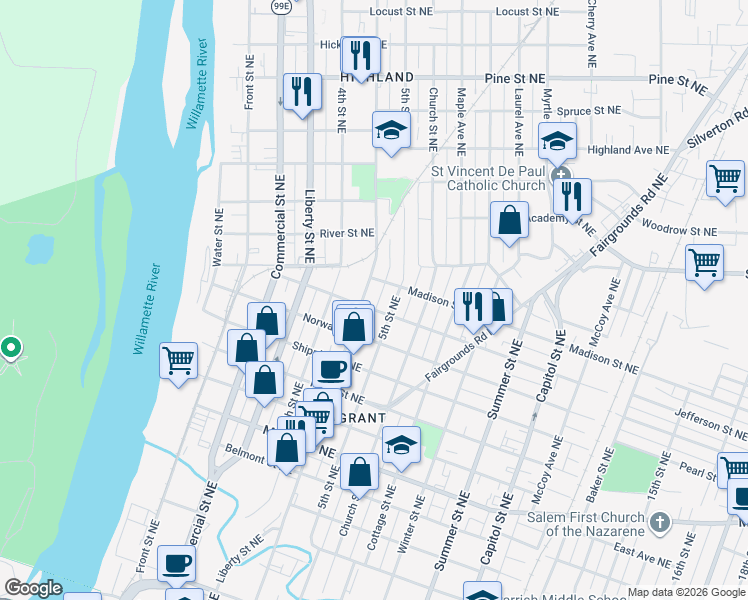 map of restaurants, bars, coffee shops, grocery stores, and more near 1720-1738 Broadway Street Northeast in Salem
