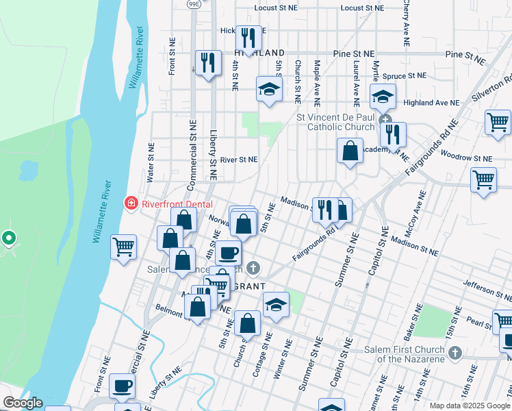 map of restaurants, bars, coffee shops, grocery stores, and more near 1695 5th Street Northeast in Salem