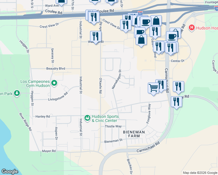 map of restaurants, bars, coffee shops, grocery stores, and more near 2211 Vine Street in Hudson