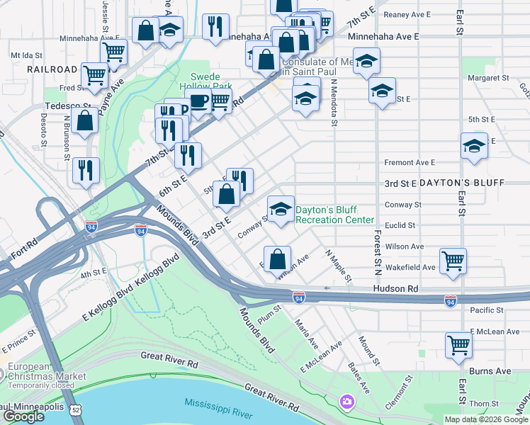 map of restaurants, bars, coffee shops, grocery stores, and more near 269 Bates Avenue in Saint Paul