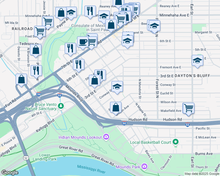 map of restaurants, bars, coffee shops, grocery stores, and more near 269 Bates Avenue in Saint Paul