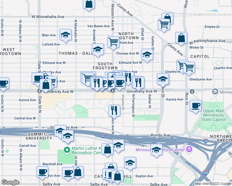 map of restaurants, bars, coffee shops, grocery stores, and more near 470 Western Avenue North in Saint Paul