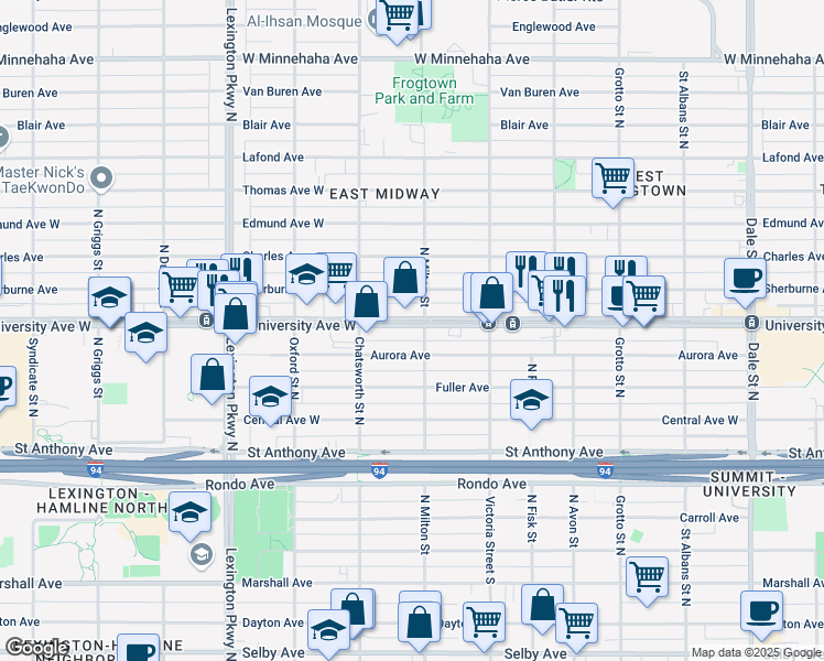 map of restaurants, bars, coffee shops, grocery stores, and more near 929 Aurora Avenue in Saint Paul