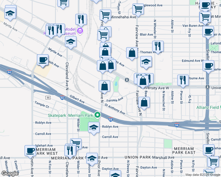 map of restaurants, bars, coffee shops, grocery stores, and more near 461 East Lynnhurst Avenue in Saint Paul