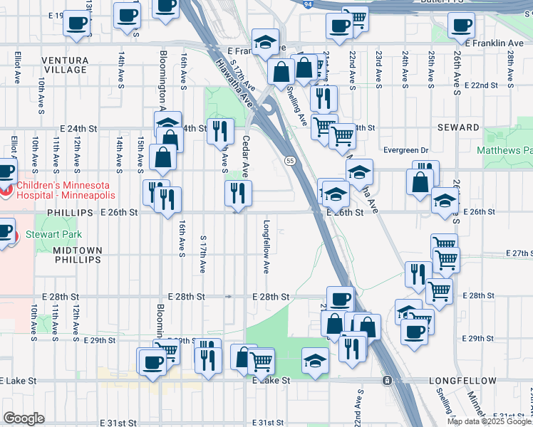 map of restaurants, bars, coffee shops, grocery stores, and more near 2615 Longfellow Avenue in Minneapolis