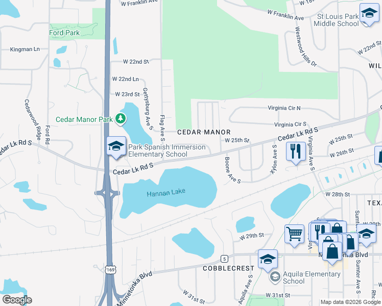 map of restaurants, bars, coffee shops, grocery stores, and more near 8914 Cedar Lake Road in St. Louis Park