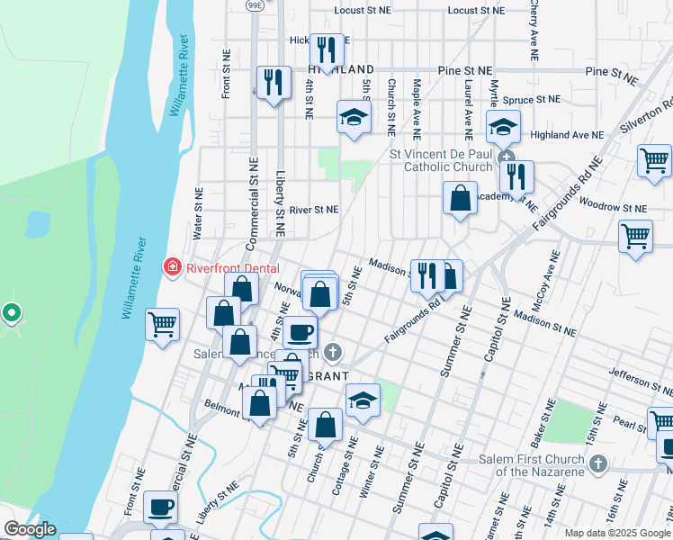 map of restaurants, bars, coffee shops, grocery stores, and more near 1722 Broadway Street Northeast in Salem