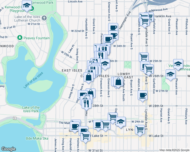 map of restaurants, bars, coffee shops, grocery stores, and more near Hennepin Ave S & W 26th St in Minneapolis