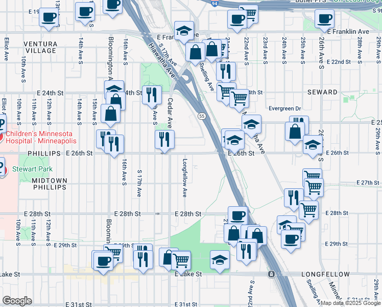 map of restaurants, bars, coffee shops, grocery stores, and more near 1901 East 26th Street in Minneapolis