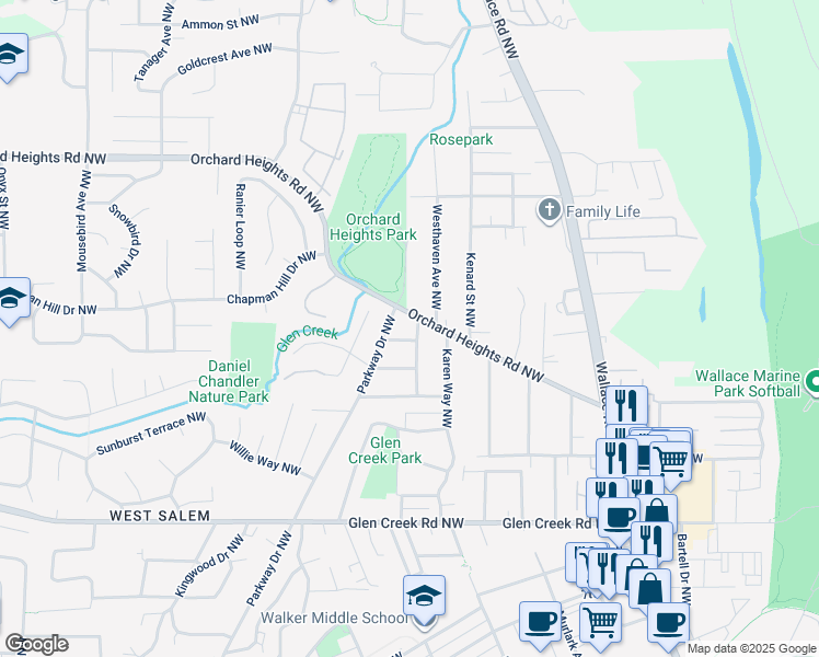 map of restaurants, bars, coffee shops, grocery stores, and more near 1395 West Way Northwest in Salem