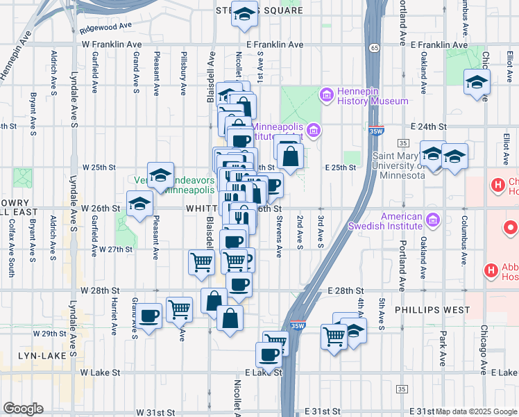 map of restaurants, bars, coffee shops, grocery stores, and more near 1st Ave S & E 26th St in Minneapolis