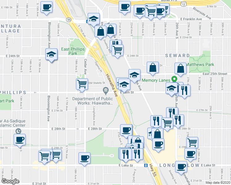 map of restaurants, bars, coffee shops, grocery stores, and more near E 26th St & Hiawatha Ave in Minneapolis