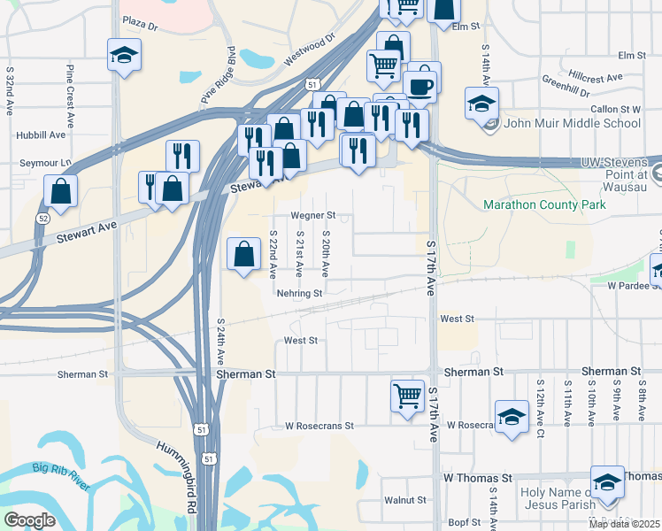 map of restaurants, bars, coffee shops, grocery stores, and more near 706 South 20th Avenue in Wausau