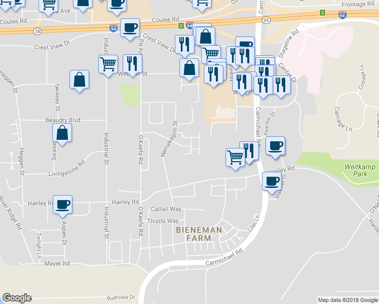 map of restaurants, bars, coffee shops, grocery stores, and more near 1348 Carriage Drive in Hudson
