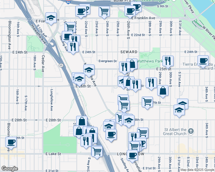 map of restaurants, bars, coffee shops, grocery stores, and more near 3110 24th Avenue South in Minneapolis
