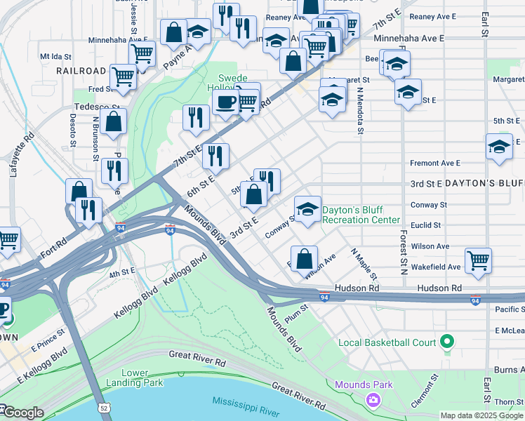 map of restaurants, bars, coffee shops, grocery stores, and more near 699 3rd Street East in Saint Paul